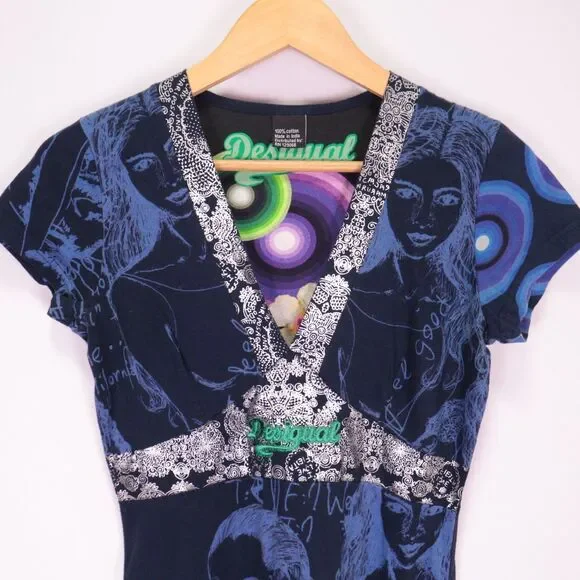 Y2K Desigual Dress Women EU L/US Medium Mixed Print Blue Graphic Silver V Neck - Picture 3 of 10
